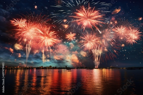 Colorful fireworks of various colors over night sky with reflection on water, Fireworks lighting up the night sky, AI Generated