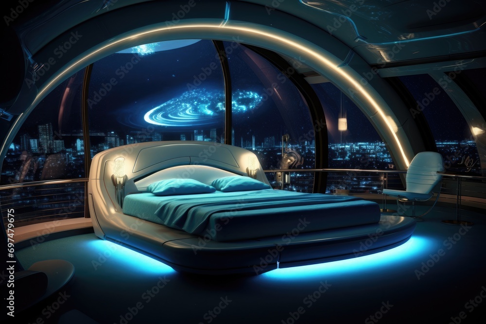 3d rendering of a double bed inside a futuristic interior with blue lights, Futuristic bedroom with romantic lighting, AI Generated