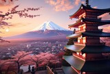 Mt Fuji with cherry blossom and pagoda at sunset, Fujiyoshida, Japan, Beautiful view of Mount Fuji and Chureito Pagoda at sunset, AI Generated