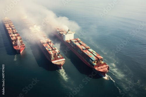 Container Cargo freight ship with working crane bridge for Logistic Import Export background, Four container ships sailing across the ocean in this aerial photograph, AI Generated