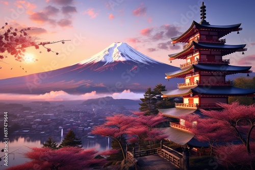 Mt Fuji with cherry blossom and chureito pagoda in Japan, Fujiyoshida, Japan, Beautiful view of Mount Fuji and Chureito Pagoda at sunset, AI Generated