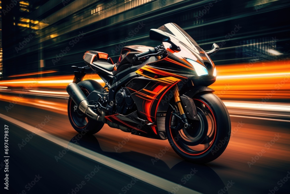 Motorcycle on the road with motion blur background. 3d rendering, EBR racing motorcycle with abstract long exposure dynamic speed light trails in an urban environment city, AI Generated