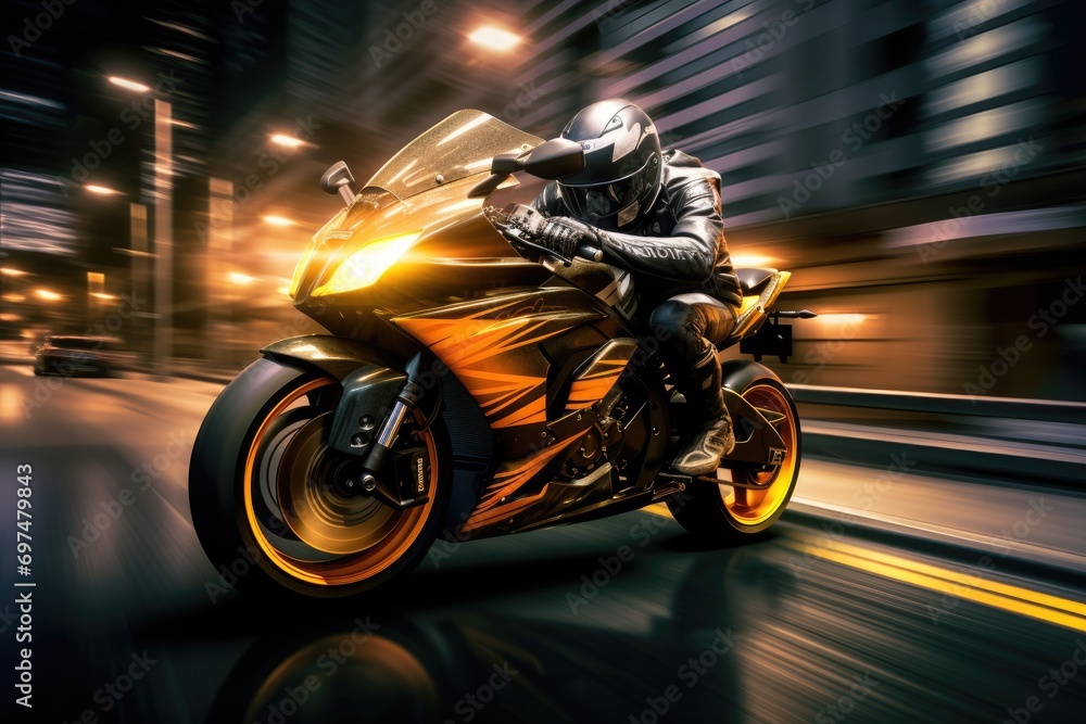 Motorcycle rider riding on the road at night. Motion blur, EBR racing motorcycle with abstract long exposure dynamic speed light trails in an urban environment city, AI Generated