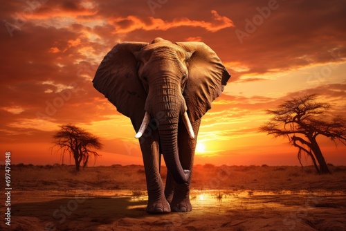 Elephant in the savanna at sunset, 3d render, Elephant against a sunset backdrop, AI Generated © Ifti Digital