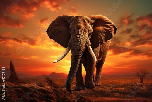 African elephant at sunset, Kruger National Park, South Africa, Elephant against a sunset backdrop, AI Generated