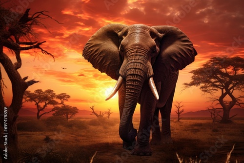 Elephant in the desert at sunset. 3d render illustration  Elephant against a sunset backdrop  AI Generated
