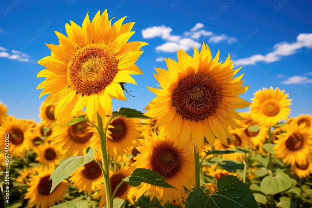Obraz premium Sunflower field over cloudy blue sky background. Landscape with sunflowers, Field of blooming sunflowers against a blue sky, AI Generated