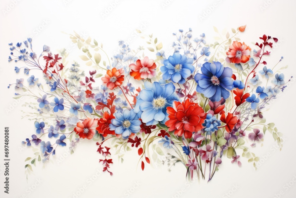 Bouquet of blue and red flowers on a white background, Floral painting ...