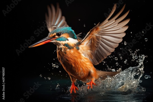 Beautiful Common Kingfisher (Alcedo atthis) jumping on black background, Female kingfisher emerging from the water after an unsuccessful dive to catch a fish, AI Generated