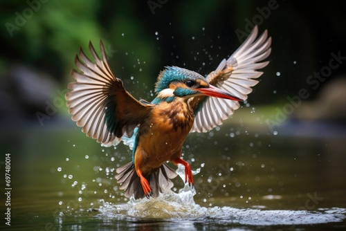 Kingfisher, Alcedo atthis, landing on the water, Female kingfisher emerging from the water after an unsuccessful dive to catch a fish, AI Generated