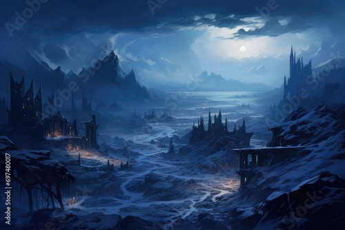Fantasy landscape with ancient city and moon. 3D illustration, Fantasy Landscape Game Art, AI Generated © Ifti Digital