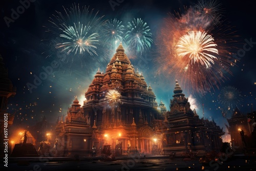 Fireworks over the hindu temple in Bagan, Myanmar, Fireworks above a Hindu temple during Diwali or Deepavali, AI Generated