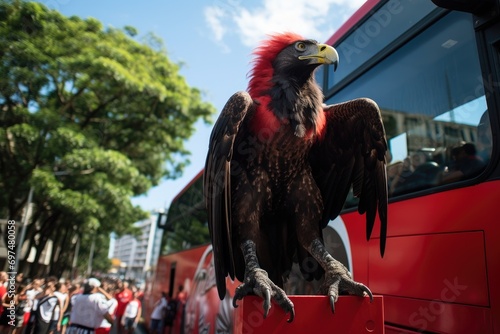 Black eagle on a red bus, Flamengo fans following their bus, A huge vulture, AI Generated photo