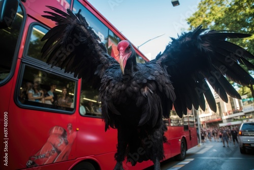 Black Vulture on a red bus in Barcelona, Spain, Flamengo fans following their bus, A huge vulture, AI Generated