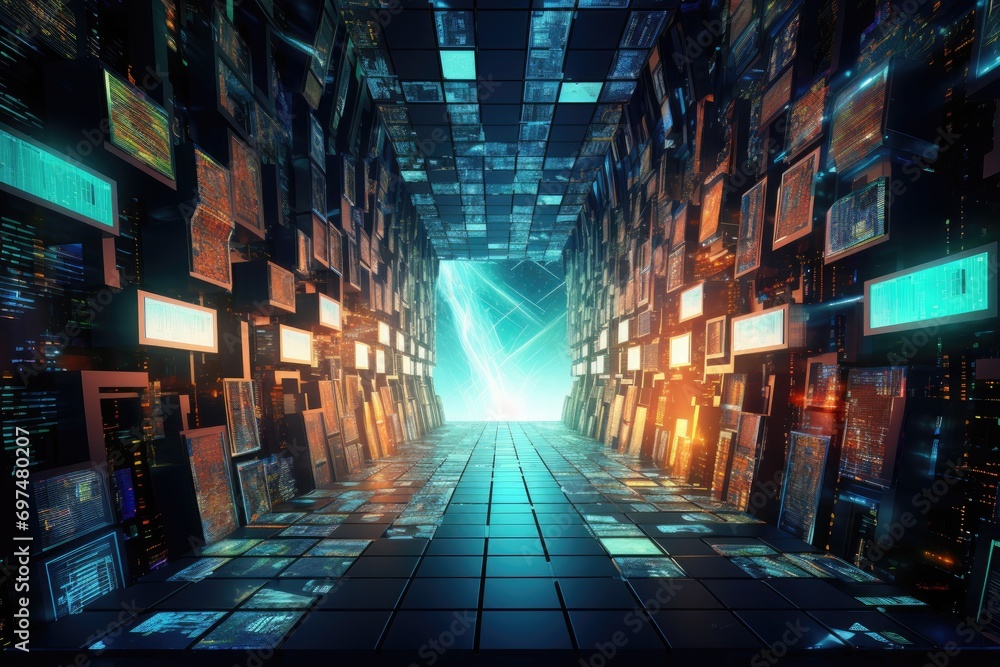 Fototapeta premium Futuristic hallway with glowing lights, 3d rendering digital illustration, Futuristic Metaverse tunnel with polygon shapes and circuit boards, AI Generated