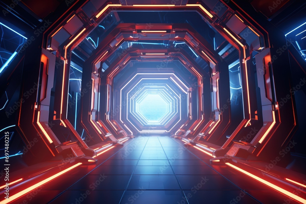 futuristic scifi tunnel corridor with glowing lights 3d rendering, Futuristic Metaverse tunnel with polygon shapes and circuit boards, AI Generated futuristic scifi tunnel corridor with glowing lights 3d rendering, Futuristic Metaverse tunnel with polygon shapes and circuit boards, AI Generated
