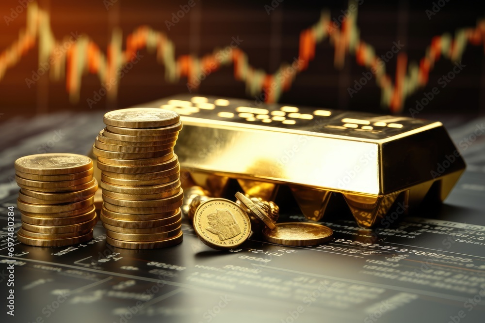 Gold bars and coins on the background of the stock exchange, business concept, Gold bullion against stock market charts, AI Generated