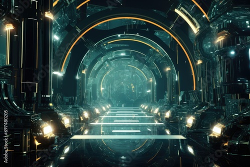 Futuristic scifi tunnel corridor with glowing lights 3D rendering, Futuristic Metaverse tunnel with polygon shapes and circuit boards, AI Generated