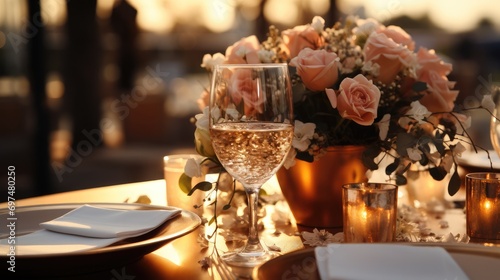 Champagne wedding table setting. Generative AI.