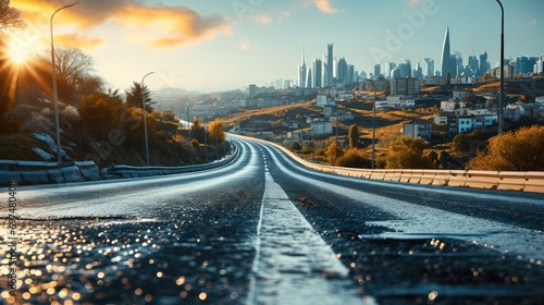 A tar road and a distant, Modernized tech city. Generative AI. photo