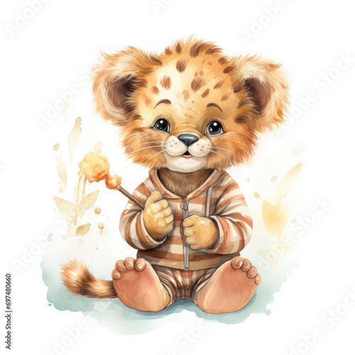 Baby lion bedtime wearing pajama and holding tooth brush Illustration, Generative Ai © Creative Artist