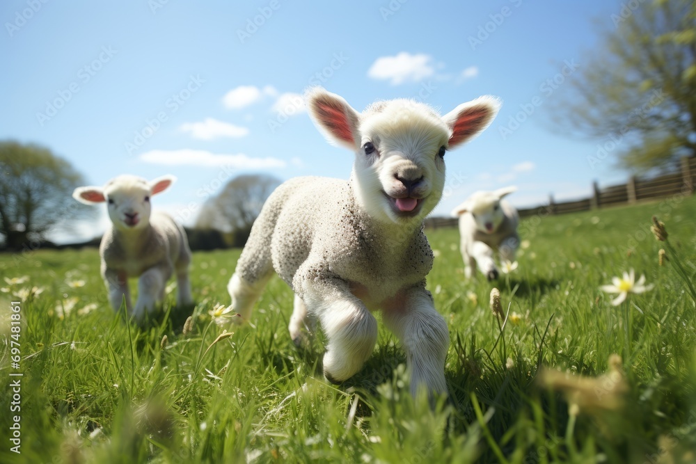 Frolicking lambs in a green meadow. Frolicking lambs in a green meadow.