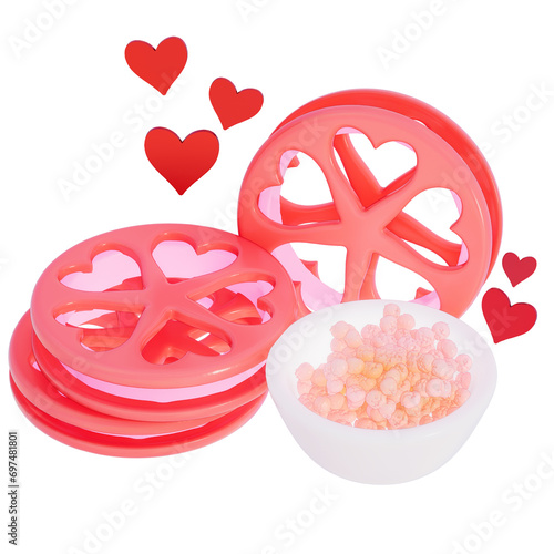 Valentine's movie night strawberry popcorn with movie reel on transparent background, 3D rendering