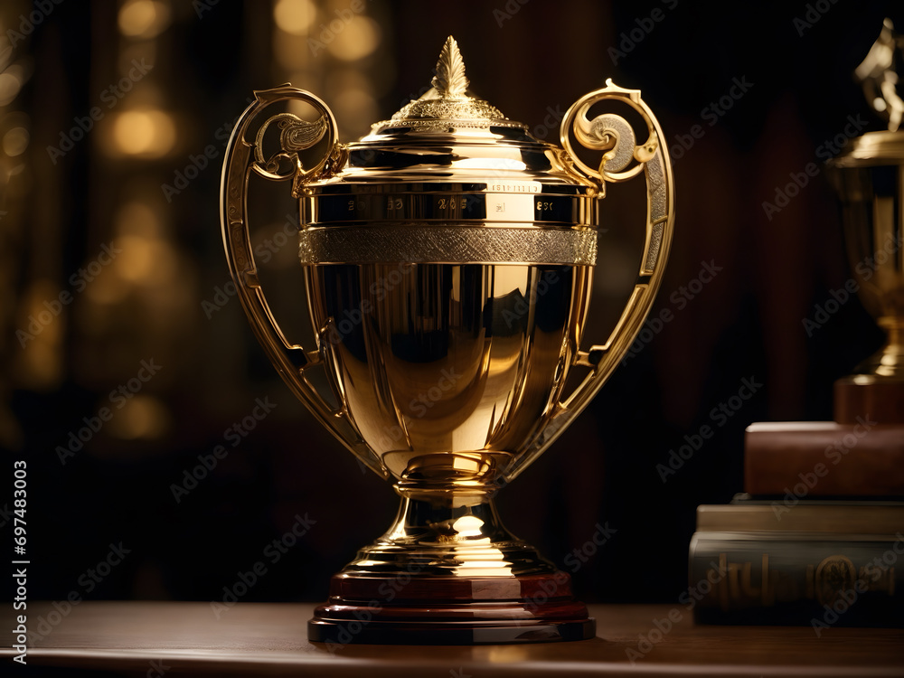 A golden trophy on a wooden table A golden trophy on a wooden table