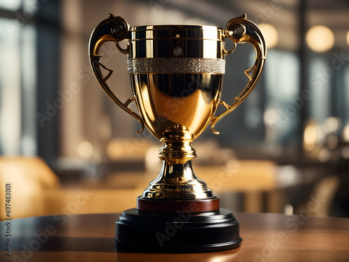A golden trophy on a wooden table