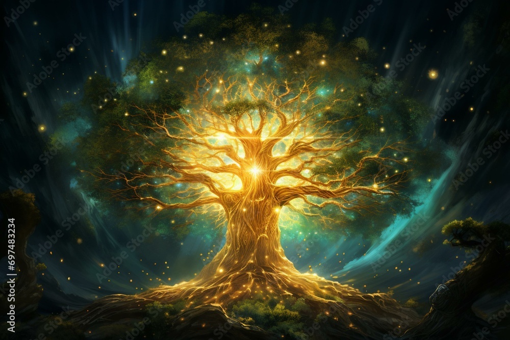A majestic and illuminated tree that embodies divinity, radiating a sparkling and enchanting glow, symbolizing the cosmic tree of life. Generative AI - obrazy, fototapety, plakaty 