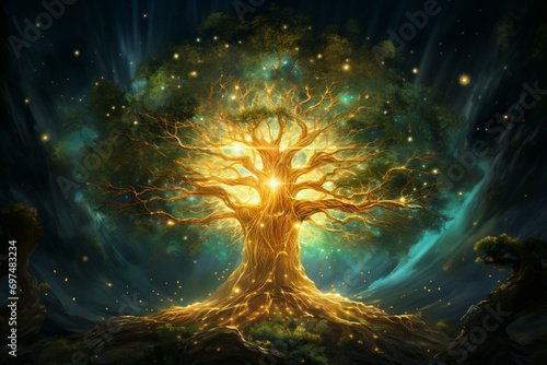 A majestic and illuminated tree that embodies divinity, radiating a sparkling and enchanting glow, symbolizing the cosmic tree of life. Generative AI photo