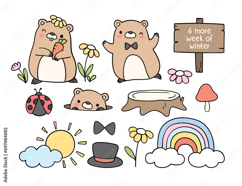 Draw vector illustration character happy groundhog day set February to