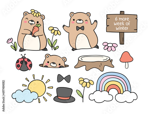 Draw vector illustration character happy groundhog day set February to greet spring Doodle cartoon style © anchalee