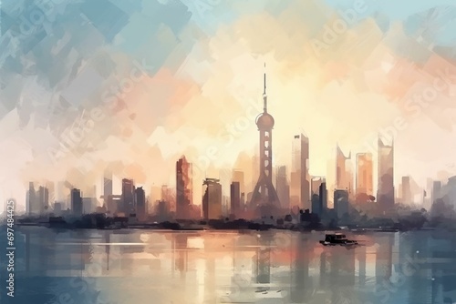 Cityscape illustration in oil painting style with brush stroke texture  inspired by Shanghai  China. Generative AI