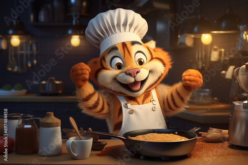 illustration of 3D character of tiger chef cooking in the kitchen