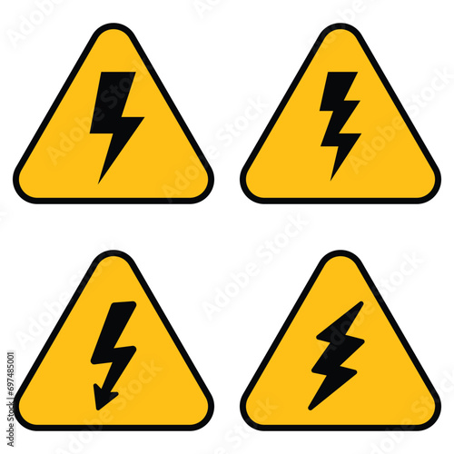 High voltage sign.Warning sign. Dangerous electrical voltage icon.  Danger symbol. Black arrow isolated in yellow triangle on white background.
 photo