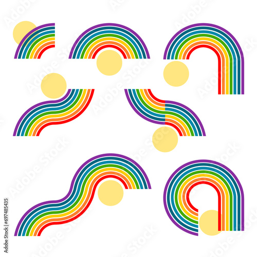 Set curve line seven colors rainbow with circle sun boho minimal icon flat vector design