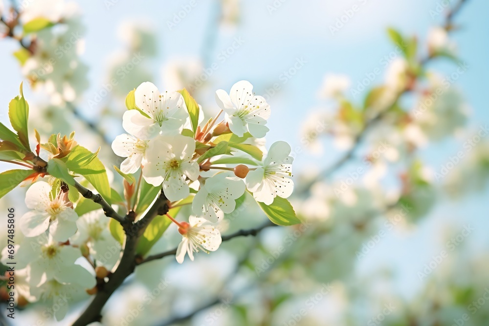 Generative AI : Branches of blossoming cherry macro with soft focus on gentle light blue sky background