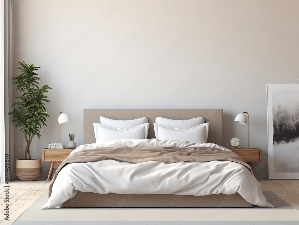 Generative AI : Interior poster mock up with vertical frame on the floor in home bedroom interior. Generative AI : Interior poster mock up with vertical frame on the floor in home bedroom interior.