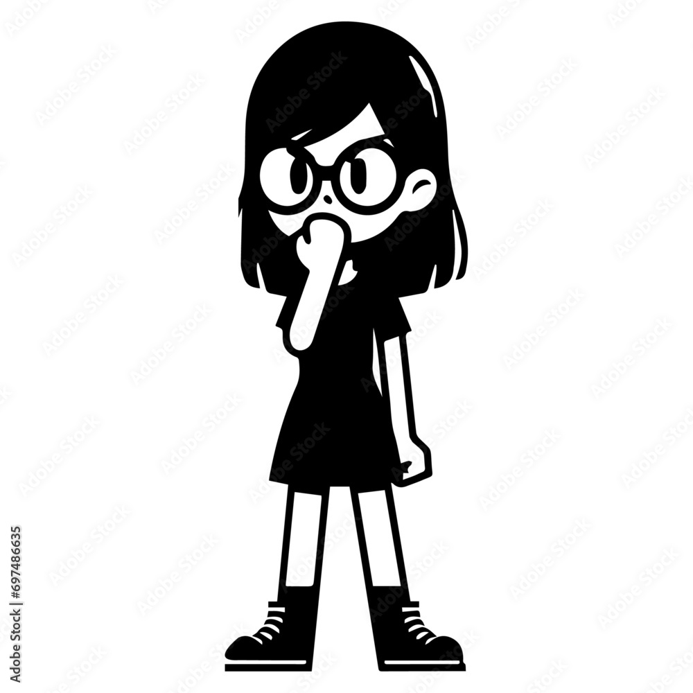 minimal Comic girl funny flat character vector silhouette, black color silhouette minimal Comic girl funny flat character vector silhouette, black color silhouette