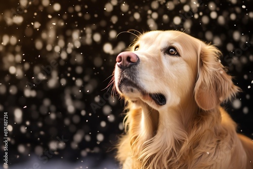 Generative AI : A yellow labrador dog sits outdoors in a powerful snowfall