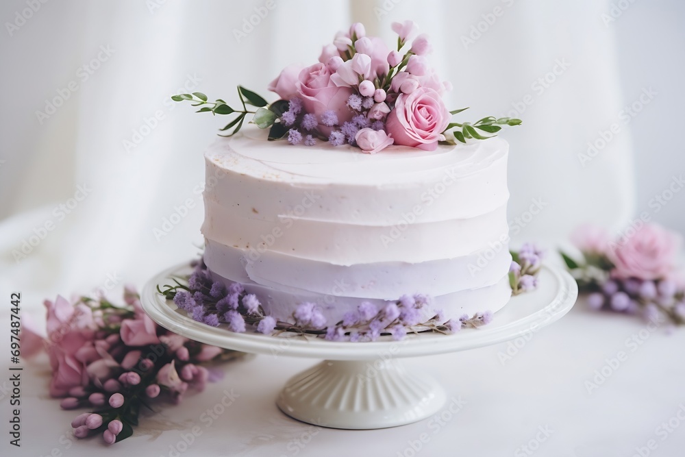 Generative AI : wedding cake with lilac and cream roses and purple ribbon