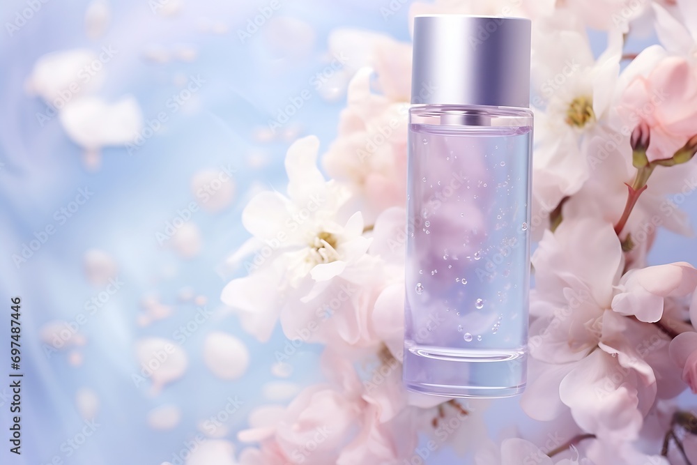 Generative AI : Soft focus cosmetic moisturizer floral water micellar toner or emulsion abstract background Generative AI : Soft focus cosmetic moisturizer floral water micellar toner or emulsion abstract background