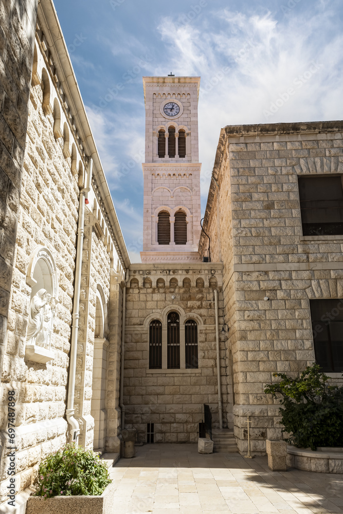 The bell tower of the Saint  Josephs Church is located on the territory of Church of the Annunciation in the Nazareth city in northern Israel