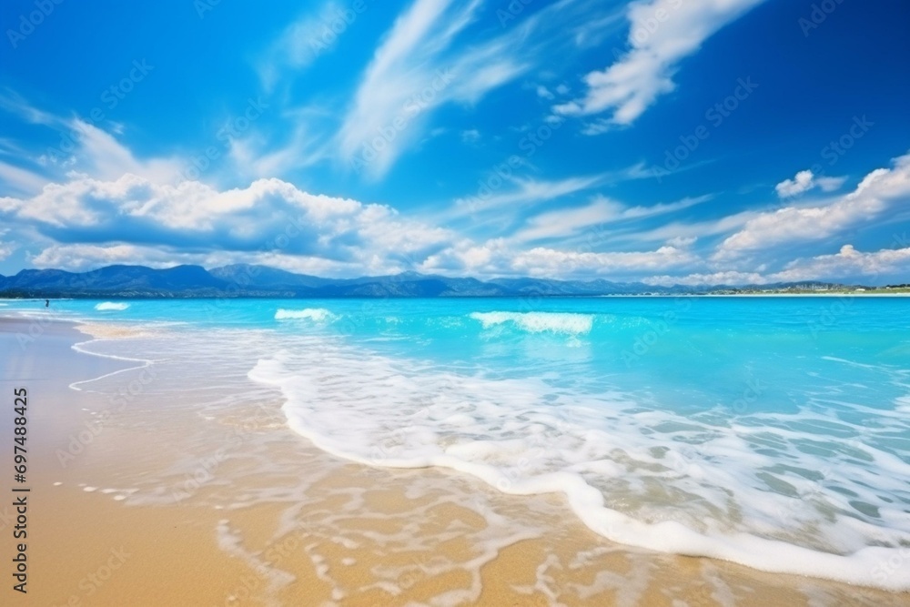 Beautiful beach with stunning blue seascape. Generative AI