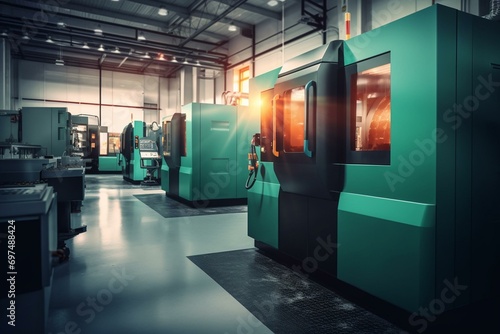 Modernized factory with advanced CNC milling machines, offering an organized and bright production environment embracing DX, IoT, and Industry 4.0 concepts. Generative AI photo