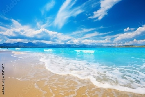 Beautiful beach with stunning blue seascape. Generative AI photo