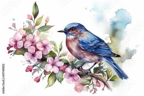 Watercolor illustration of a bluebird perched on a blooming weigela pink bush, surrounded by spring flowers and green leaves. Isolated on a white background. Generative AI photo