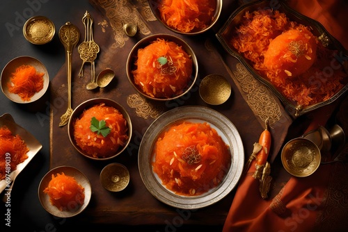 sweet halva andsweet dish with rice halwa in brownish delicious color with plates decorated with dry fruits fully decorated with fruits in different color abstract background  photo