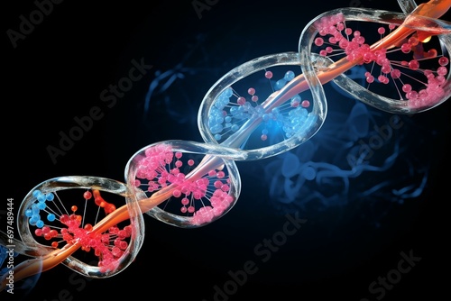 Transparent cartoon model showing small interfering RNA bound to messenger RNA, used to temporarily reduce mRNA expression. Generative AI photo